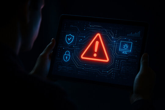 Cyber security alert warning on tablet screen virus attack system error digital protection concept