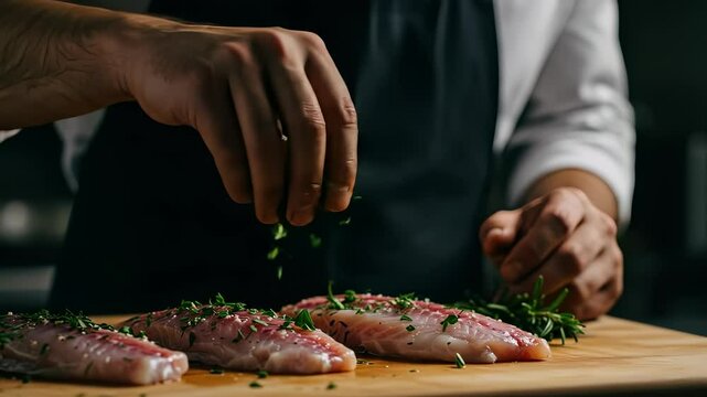 Close-up of chef seasoning fresh fish fillets with herbs for gourmet cuisine