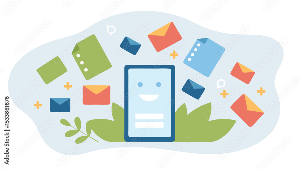 Poster illustration of a mobile device surrounded by envelopes and documents in a modern style design