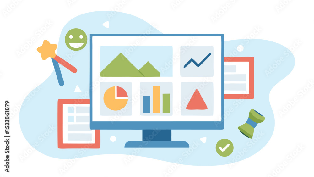 Poster computer screen displaying various charts and graphs with surrounding icons and decorations around i