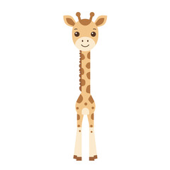 Obraz premium Cute cartoon giraffe character with a smiling face and distinct spots on a white background