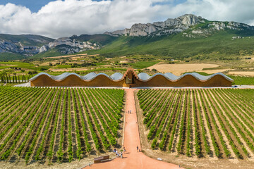Aerial view of the famous Bodegas Ysios winery near Laguardia, Spain.