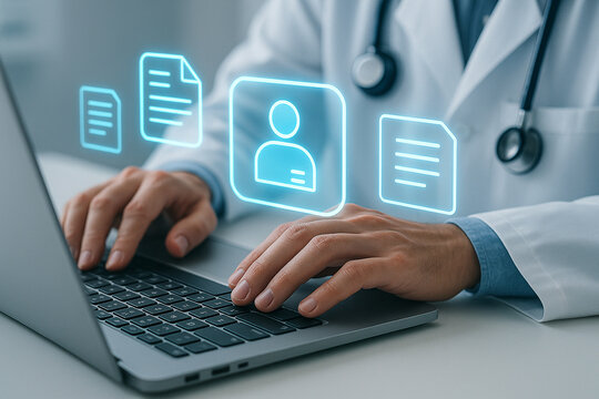 Doctor using laptop for electronic health records and telehealth consultation online medical technology