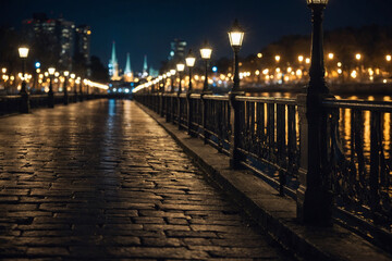 Fototapeta premium Long walkway along a riverbank in the city at night with lamplight forming bokeh patterns above the railing line, shot from a mid-height diagonal angle to emphasize receding perspective,