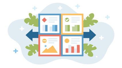 Naklejka premium Four data charts in square frames with arrows pointing in opposite directions on a patterned background