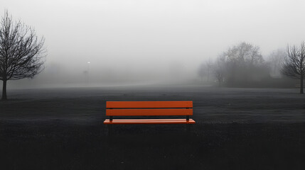 Orange bench in foggy park landscape