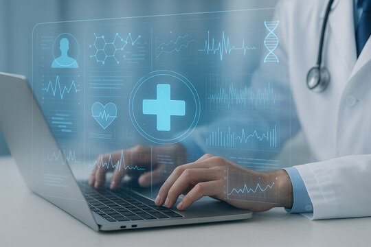 Doctor using laptop for medical research and healthcare technology with digital interface display of data
