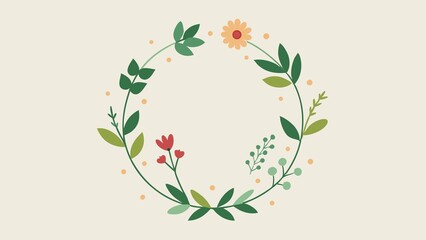 Minimalist floral wreath illustration featuring green leaves and colorful flowers on beige background