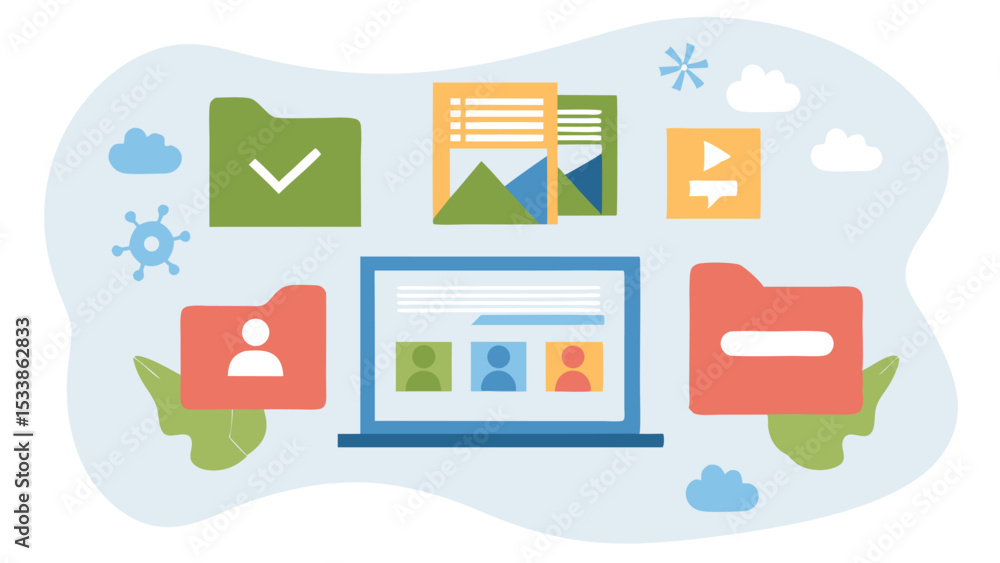 Aufkleber illustration of a laptop with folders documents and icons floating around it in a digital workspace
