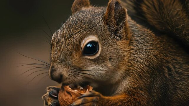 Intimate close-up on a wild squirrel munching on a walnut, demonstrating a natural behavior