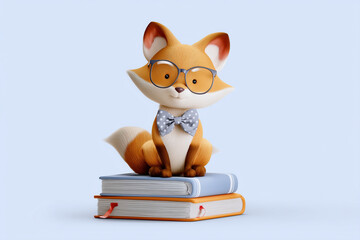 A cute cartoon fox mascot wearing round glasses and a bow tie, sitting on a stack of books. Perfect for themes related to education, reading, back to school, and creative designs