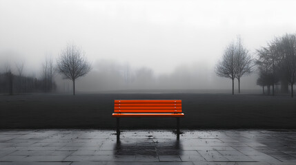 Orange bench in park on foggy day