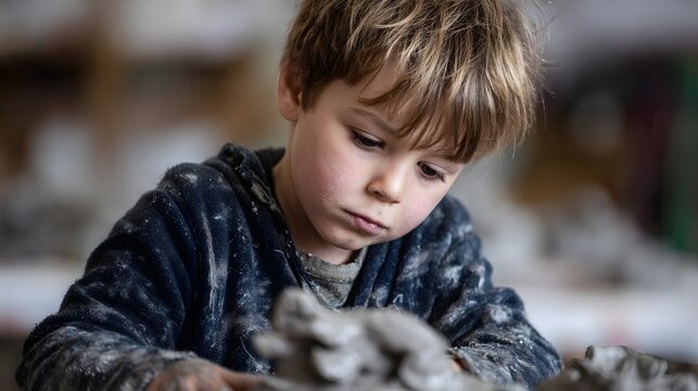 A child intently painting a clay model - Powered by Adobe