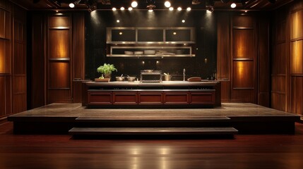 Elegant, dark wood kitchen set on a stage with spotlights.