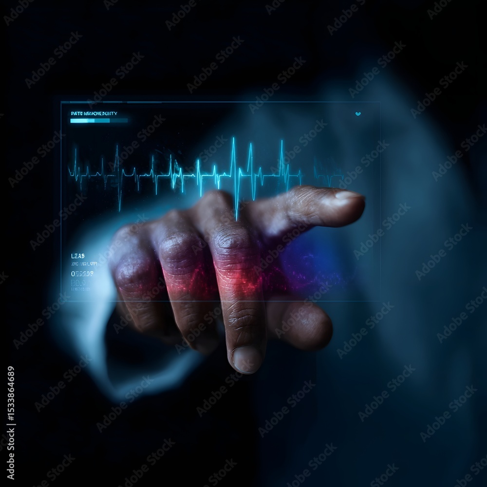 Poster hand hovering over a floating medical diagnostic user interface