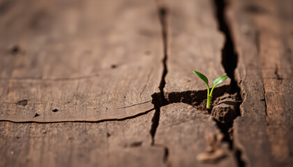 Minimalist image of a single sprout breaking through split wooden surface, symbolizing life and regeneration, earthy tones