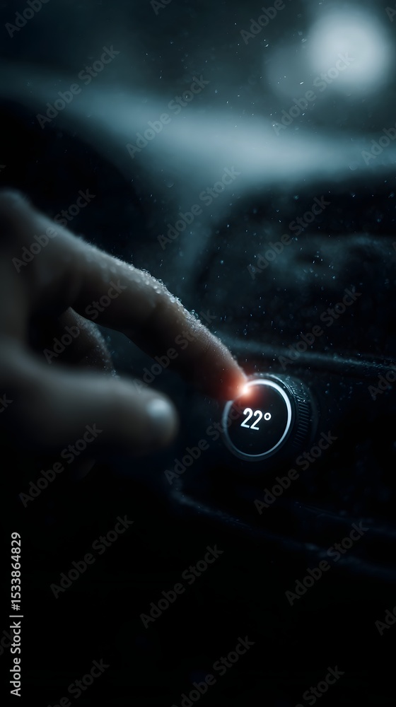 Poster a user adjusting a weather control interface with a glowing temperature icon