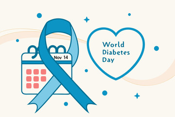 Fototapeta premium Vector illustration for World Diabetes Day with blue ribbon heart shape and November 14 calendar, medical awareness design