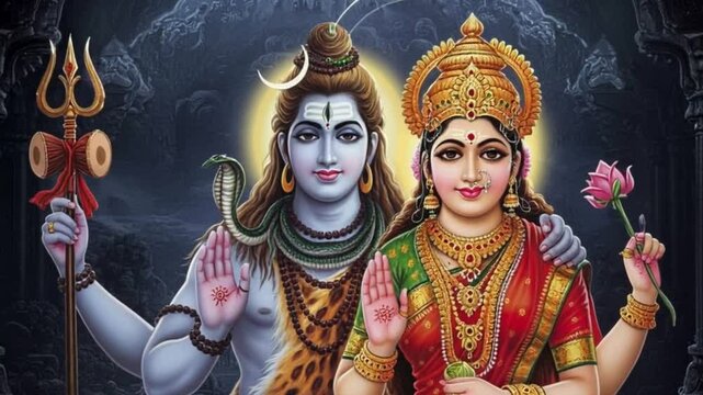 Lord Shiva and Goddess Parvati digital painting, in a traditional Indian style,  with vibrant colors and intricate details. Lord Shiva is depicted with a serene expression, wearing a blue dhoti and