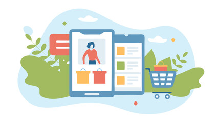 Fototapeta premium Illustration of online shopping on mobile phones with shopping cart and background scene view