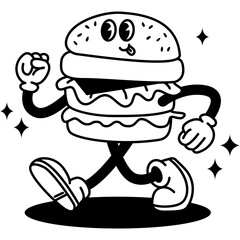 Retro Burger Guy Cartoon. Illustration of Old Fashion Vintage Happy Concept. Street Food Boy Walk.