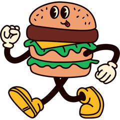 Retro Style Burger Guy Isolated. Illustration of Old Fashion Vintage Cartoon Happy Concept. Street Food Menu.