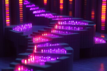 Obraz premium A sci-fi interior featuring a staircase of glowing purple and pink LED lights, arranged in a digital grid-like architectural space