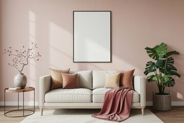 interior with sofa. mock up poster frame in the wall