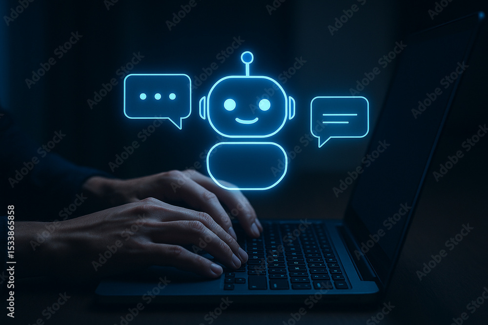 Poster ai chatbot assistant typing on laptop for customer service and automation technology concept design