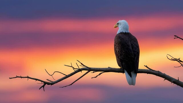 Majestic eagle perched on branch against vibrant sunset sky in tranquil scene