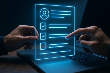 Digital checklist on laptop for task management and productivity with user interface and neon glow effect
