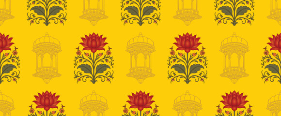 Mughal seamless pattern with red lotus flowers and mughal jharokha on yellow background, traditional motifs for textile print deisgn, gift wrapping, cover, ceramic tils vector design