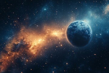 Distant Earth illuminated by starlight and glowing galaxy swirl, floating peacefully in vast, sparkling, majestic deep space background