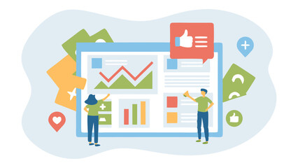 Naklejka premium Illustration of two people analyzing data on a large screen with social media elements around it