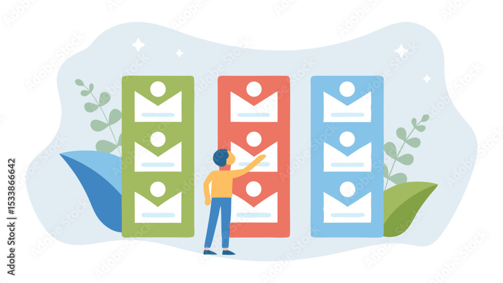 Poster man selecting from vertical columns of mail icons in green red and blue with plants around them