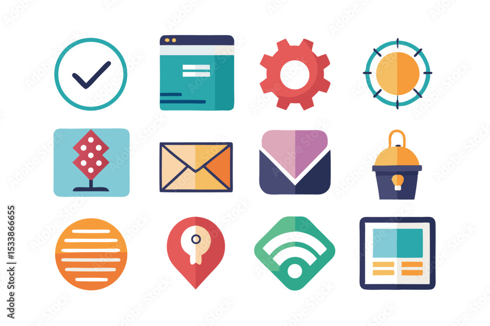Poster Assorted colorful flat icon design set representing various digital concepts and applications