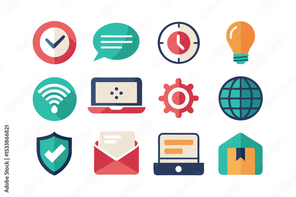 Poster collection of colorful flat design icons representing various digital concepts and ideas
