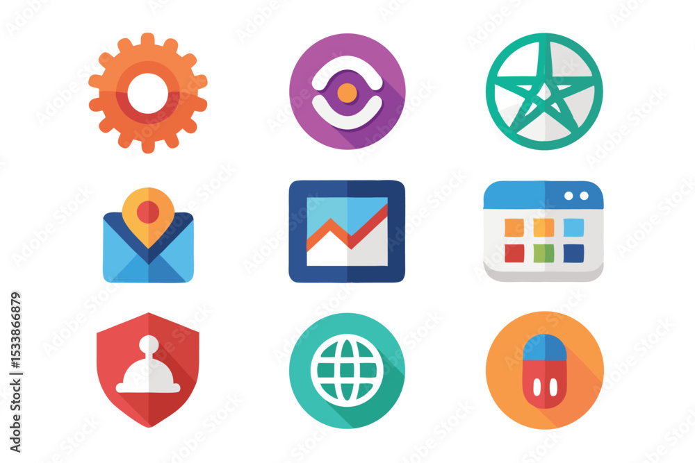 Poster collection of colorful flat design vector icons representing various digital concepts and symbols