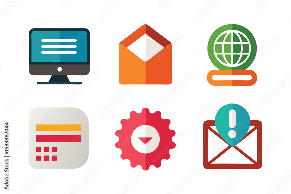 Poster collection of colorful flat vector icons representing communication and information technology