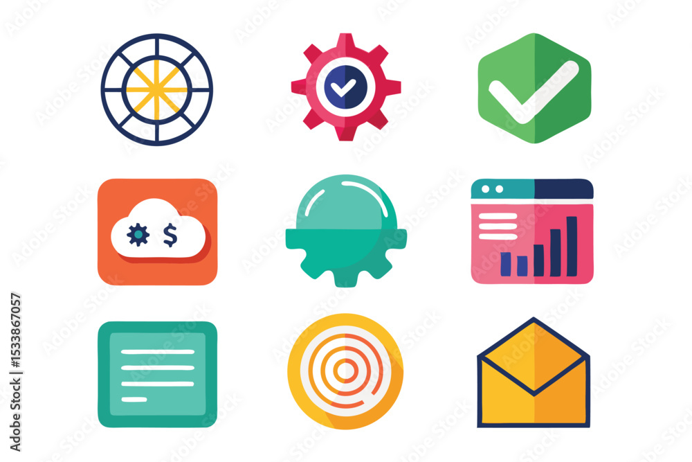 Poster collection of colorful flat style icons representing various business and technology concepts