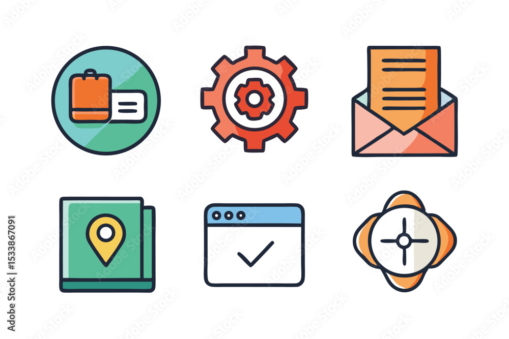 Poster collection of colorful icon illustrations representing travel settings communication and navigation 