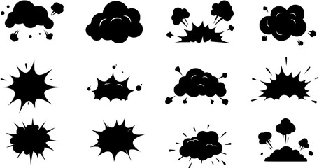 Explosion effects, black Explosion vector burst icons isolated. Perfect for comics, animation, print, digital art. Dynamic energy impact visuals
