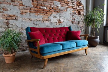 Vintage sofa upholstered in red and blue fabric with wooden frame and armrests