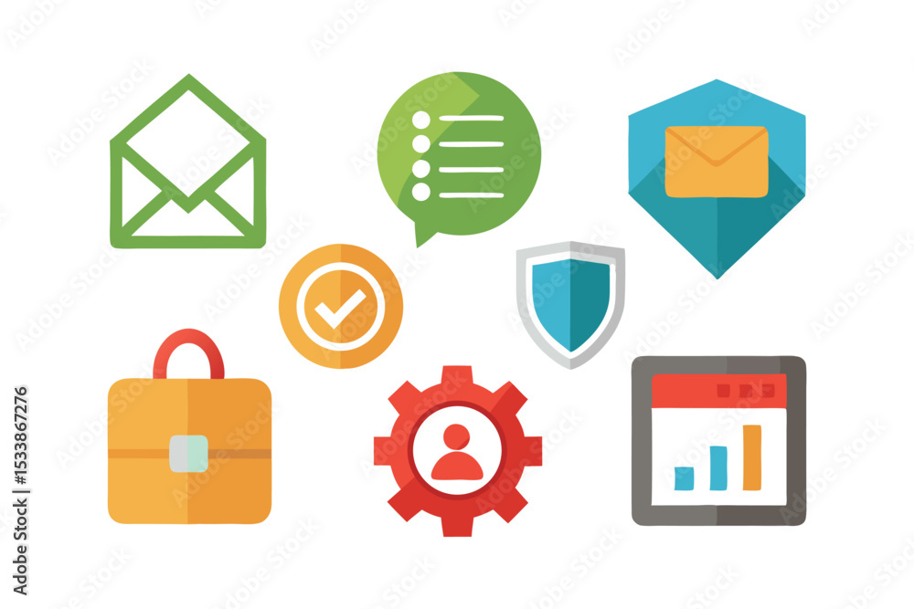 Poster collection of flat design vector icons representing business communication and productivity concepts