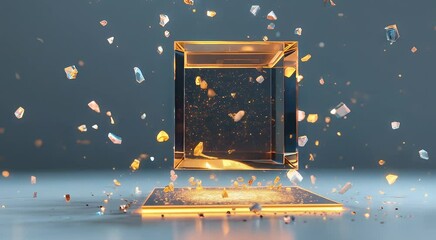 Abstract glowing cube with floating shards and particles creates a futuristic and technological atmosphere for innovative concepts - Powered by Adobe