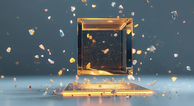 Abstract glowing cube with floating shards and particles creates a futuristic and technological atmosphere for innovative concepts