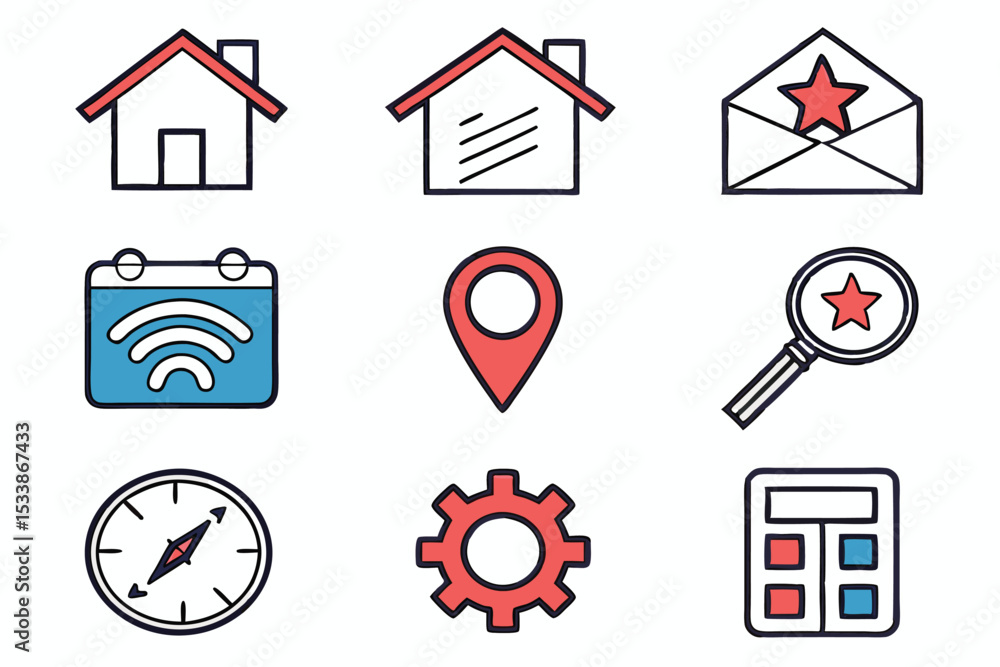Poster collection of hand drawn vector icons representing various modern day concepts and elements