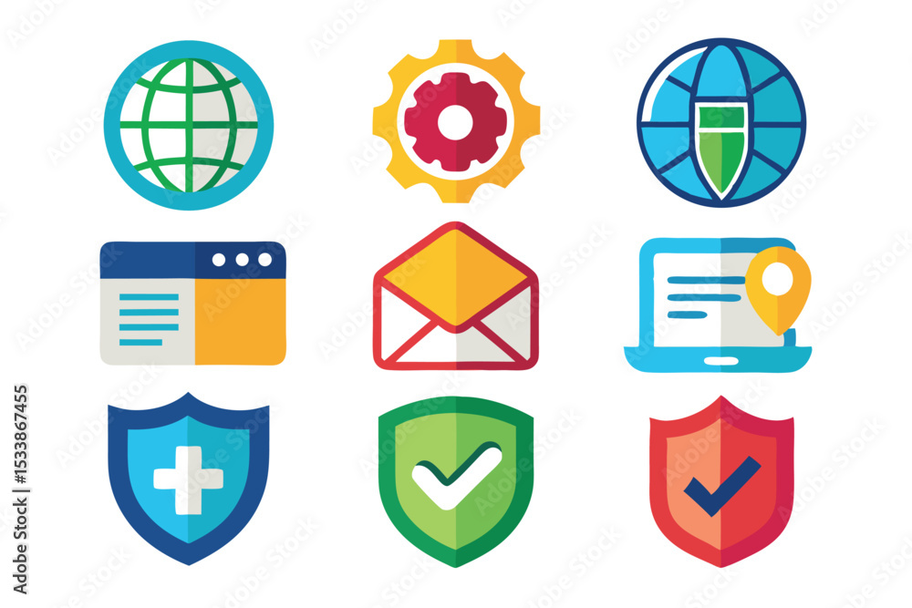 Poster collection of internet and technology icons representing security and global connectivity