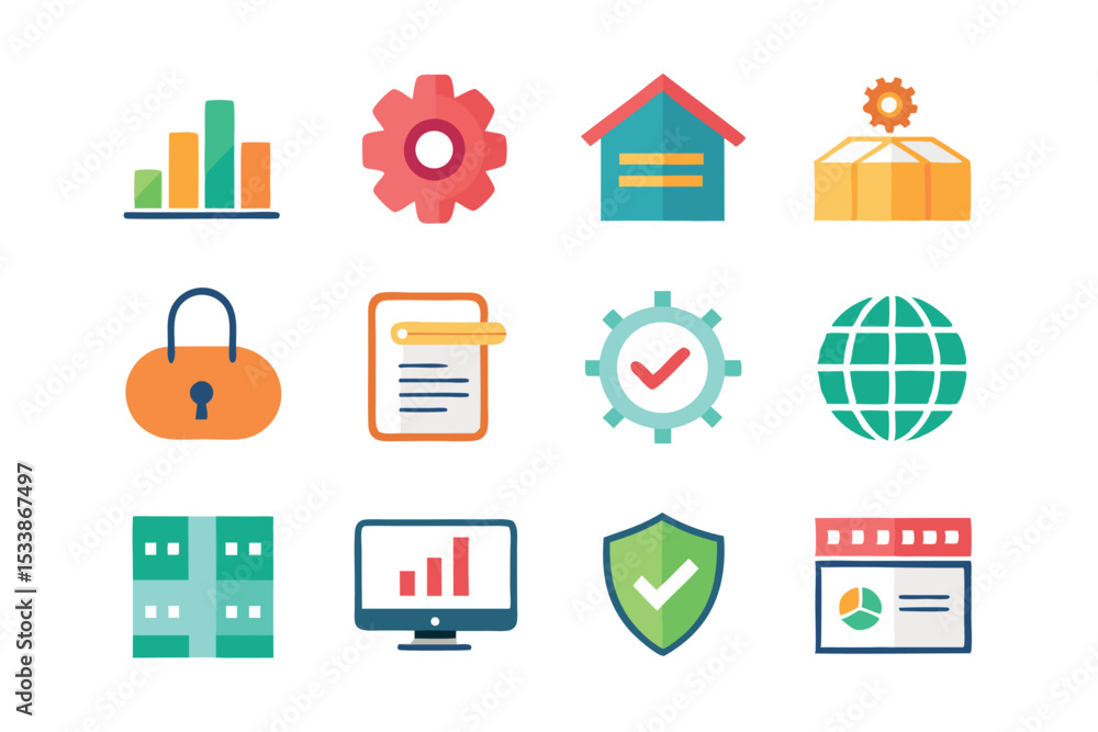 Poster collection of minimalist vector icons representing business finance and technology concepts