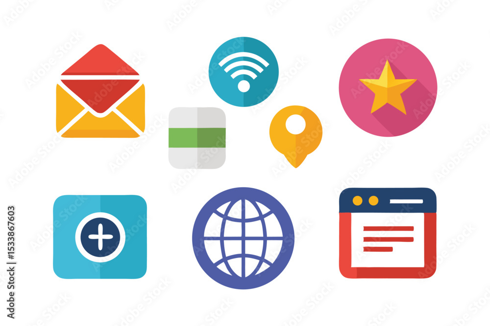 Poster collection of simple flat icon illustrations representing common digital communication and navigatio